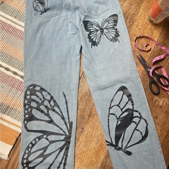 Society Black and Blue Flare Jeans with Artistic Butterfly Design. Boho - Picture 2 of 7